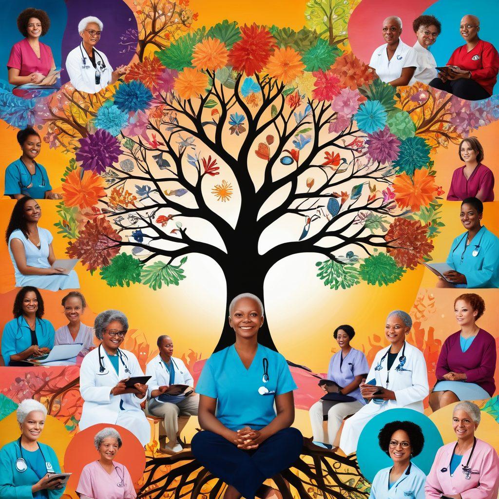 A collage of diverse cancer survivors sharing their transformative stories, surrounded by supportive healthcare professionals and innovative technology, symbolizing hope and resilience. Include elements like a vibrant tree of life in the background, intertwined with symbols of healing and strength. Infuse warm and uplifting colors to evoke positivity. super-realistic. vibrant colors. uplifting atmosphere.