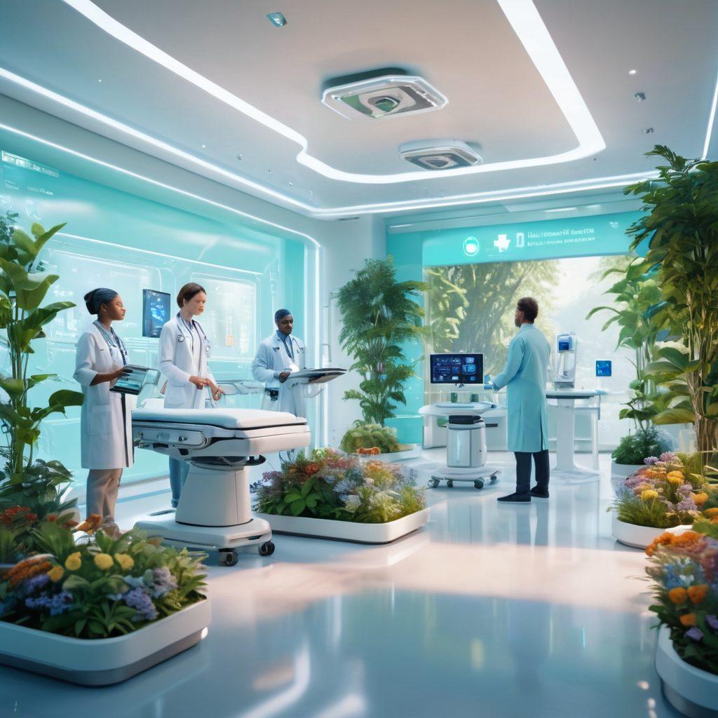 A futuristic hospital scene featuring advanced oncology treatments, showcasing AI robots assisting doctors and patients, state-of-the-art technology like holographic displays and genetic therapy machines, a diverse group of smiling healthcare professionals and patients, bright and hopeful atmosphere with greenery integrated into the design. super-realistic. vibrant colors. 3D.