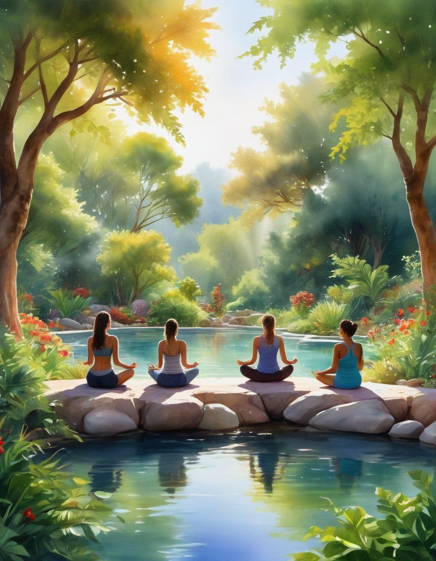 A serene landscape featuring a diverse group of survivors practicing holistic wellness activities such as yoga, meditation, and cooking healthy meals together. The scene includes lush greenery, vibrant fruits and vegetables, and calming water features that symbolize balance. The individuals represent various backgrounds, showcasing community and support. Soft sunlight filters through trees, creating a warm and inviting atmosphere. watercolor painting. vibrant colors. natural elements.